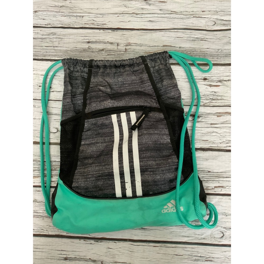 Adidas Drawstring Sackpack Gym Bag Heather Gray Teal White Stripes Front Pocket